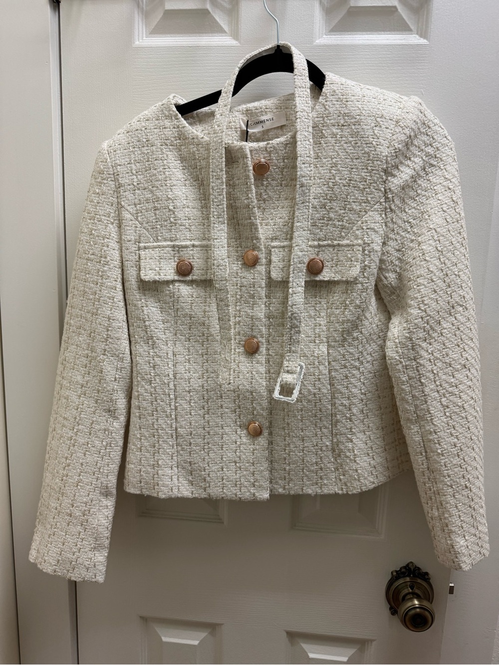 Commense Cream Tweed Cropped Blazer with Neck Tie